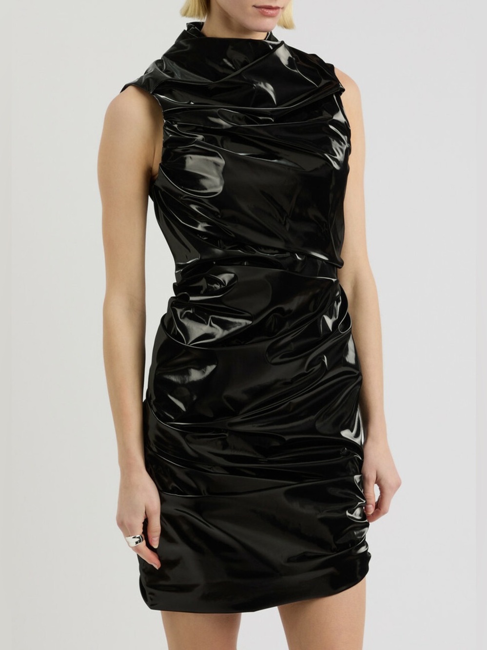 Alexander Mcqueen Draped Glossed Shell Midi Dress Black